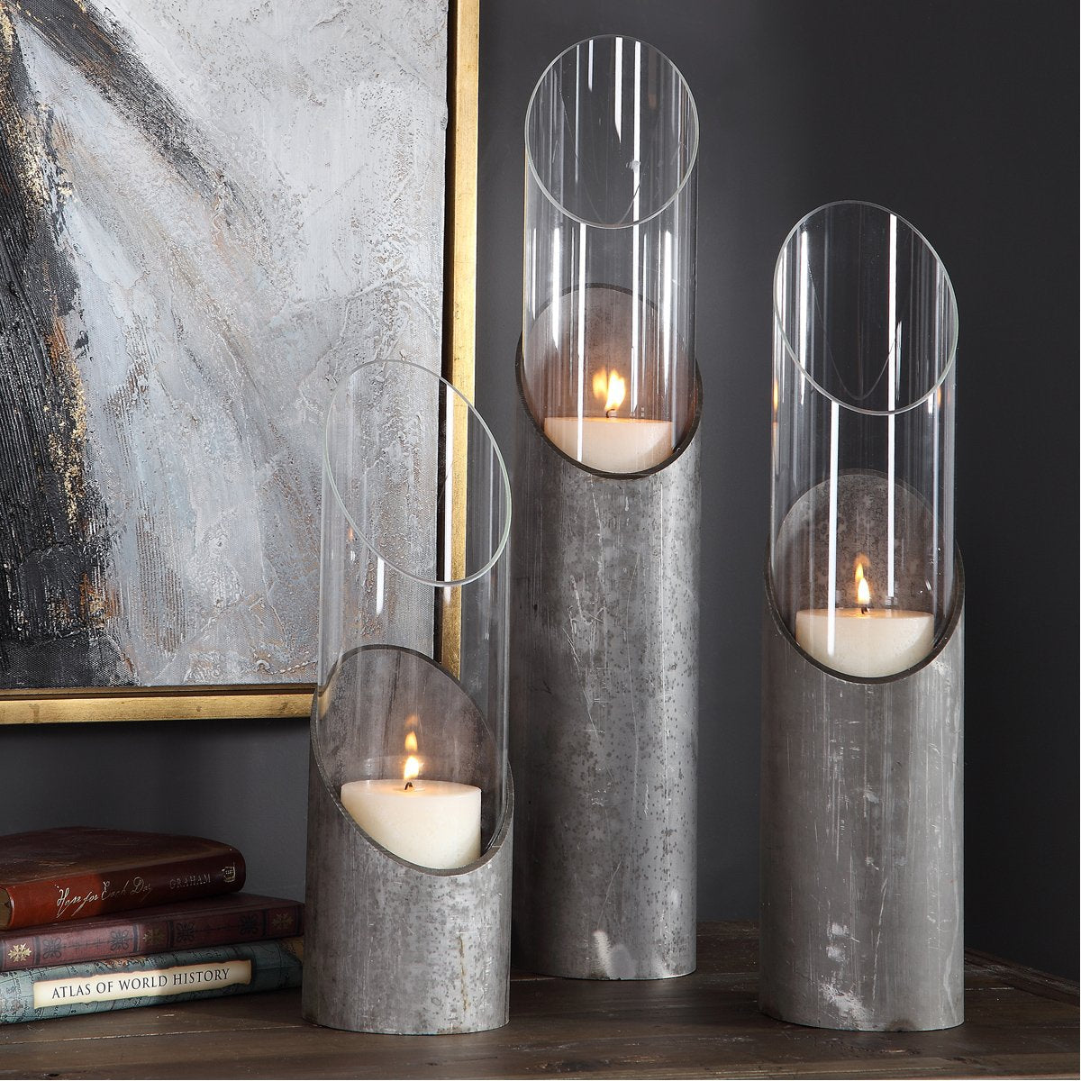 Bougeoirs en fer et verre Uttermost Karter, lot de 3 pièces